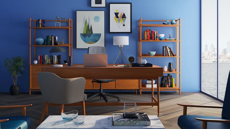 brown wooden desk with rolling chair and shelves near window